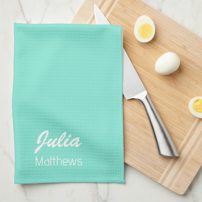 Personalised mint green minimalist tea towel (Quarter Fold)