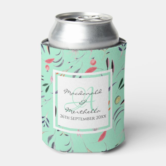 Personalised Mint Green Monogram Floral Can Cooler (Can Front)