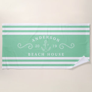 Personalised Mint Green Nautical Beach House Beach Towel