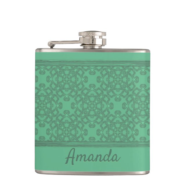 Personalised mint green pattern hip flask (Front)