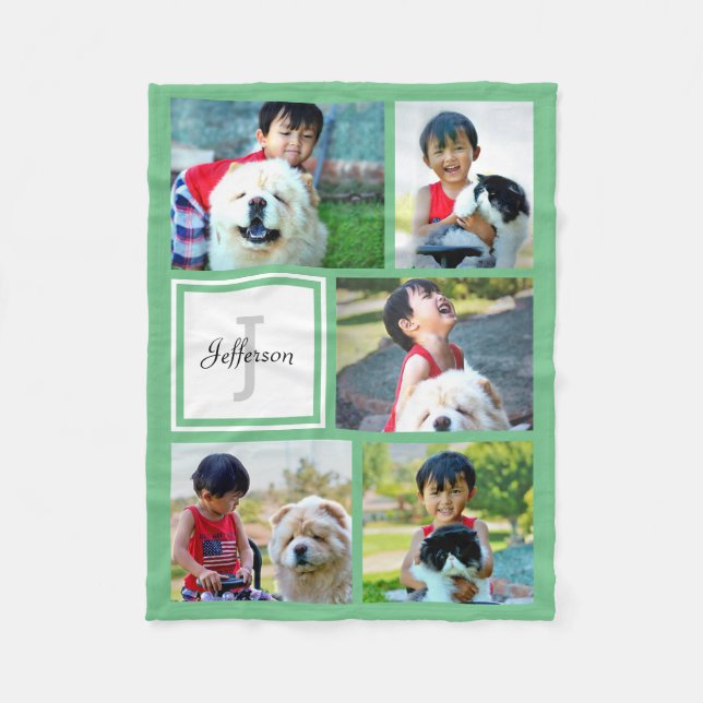 Personalised Mint Green Photo Collage Monogrammed Fleece Blanket (Front)
