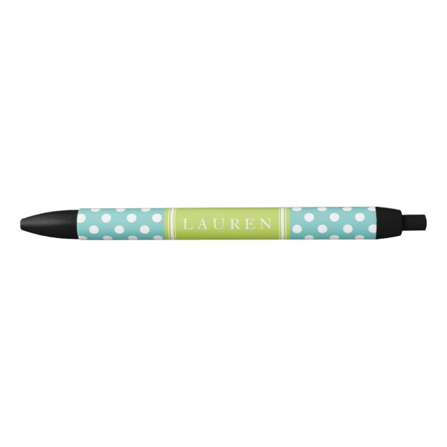Personalised Mint Green Polka Dots Pattern Black Ink Pen (Front)