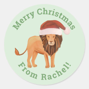 Personalised Mint Merry Christmas Santa Lion Classic Round Sticker