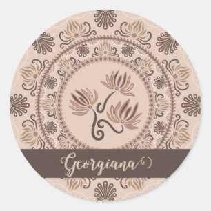Personalised Mocha Rococo Revival Dot Mandala Classic Round Sticker