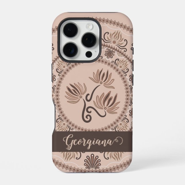 Personalised Mocha Rococo Revival Dot Mandala iPhone Case (Back)