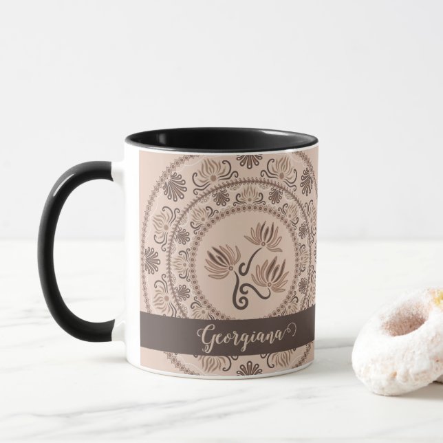 Personalised Mocha Rococo Revival Dot Mandala Mug (With Donut)