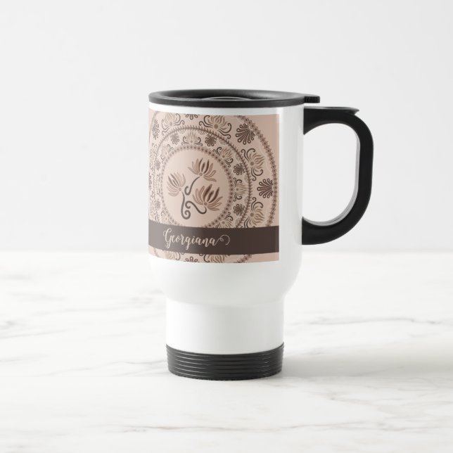 Personalised Mocha Rococo Revival Dot Mandala Travel Mug (Right)
