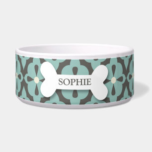 Personalised mod blue flora dog bone pet food bowl
