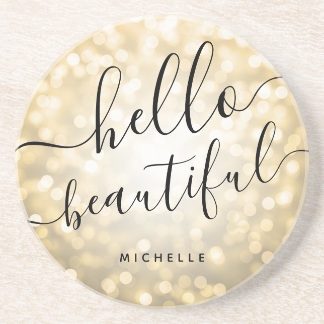 Personalised Mod Gold Lights "Hello Beautiful" Coaster (Front)