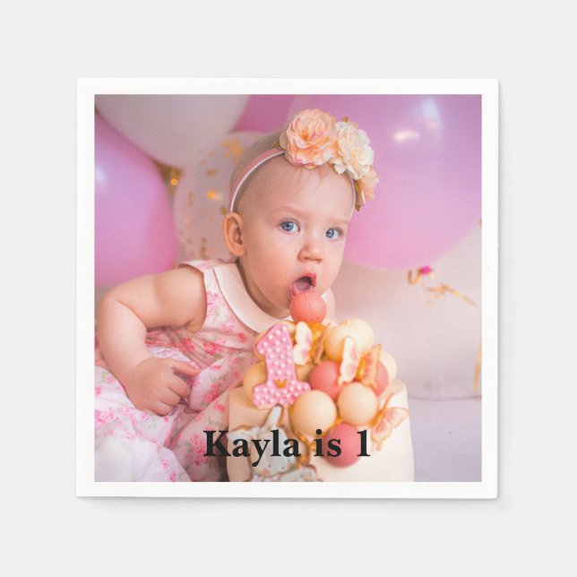 Personalised Modern 1st Birthday Photo Napkin (Front)