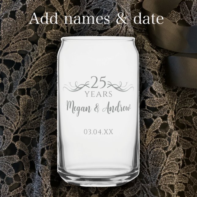 Personalised Modern 25th Wedding Anniversary Gift Can Glass (Add couple’s names and anniversary date for a stylish custom glass can keepsake gift.
)
