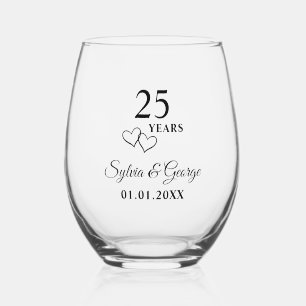 Personalised Modern 25th Wedding Anniversary Gift Stemless Wine Glass