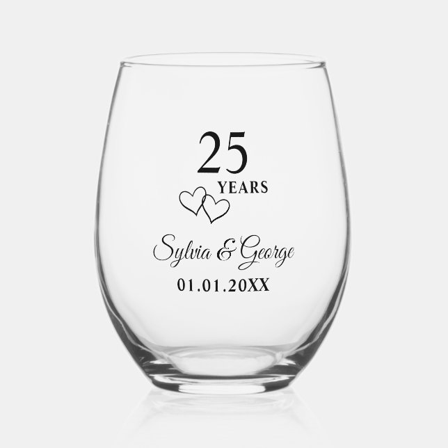 Personalised Modern 25th Wedding Anniversary Gift Stemless Wine Glass (Back)