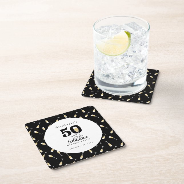 Personalised Modern 50 and Fabulous Birthday Square Paper Coaster (Insitu)