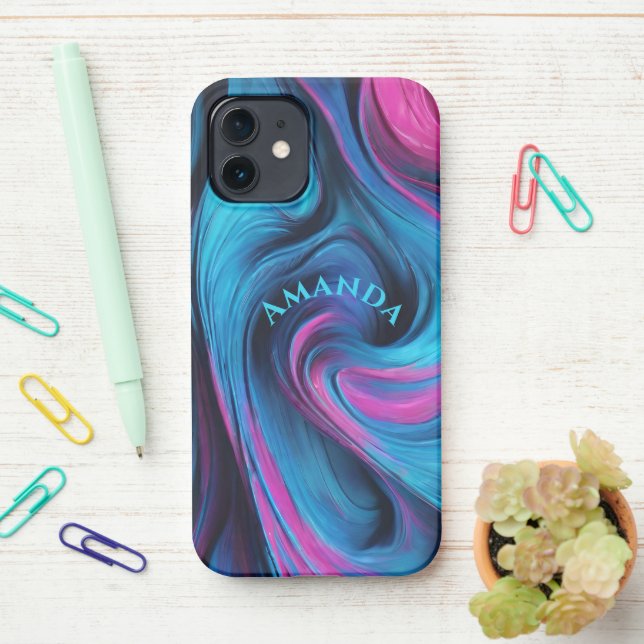 Personalised Modern Abstract-Blue and Fuchsia iPhone Case (On Desk)