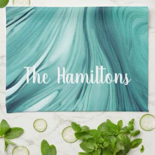 Personalised Modern Abstract Teal Green Liquid Art Tea Towel