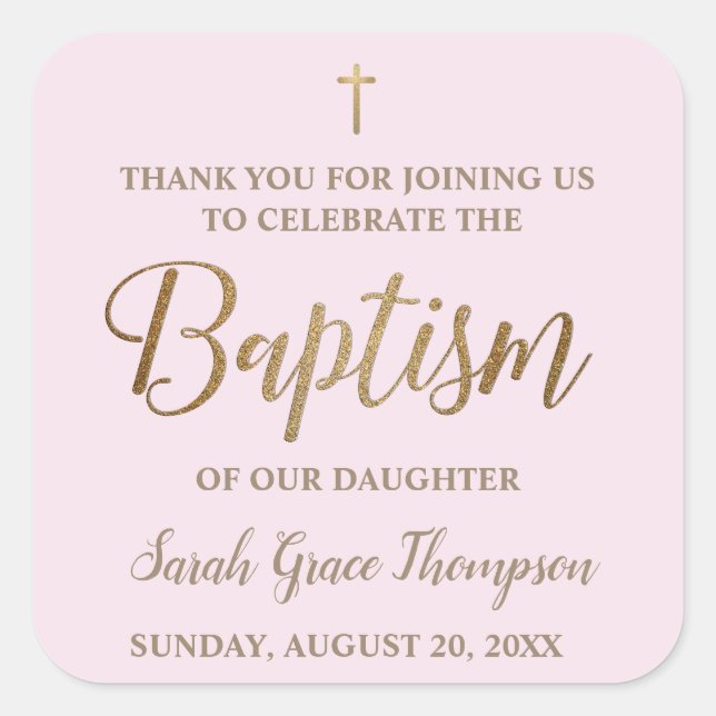 Personalised Modern Baby pink baptism thank you Sq Square Sticker (Front)