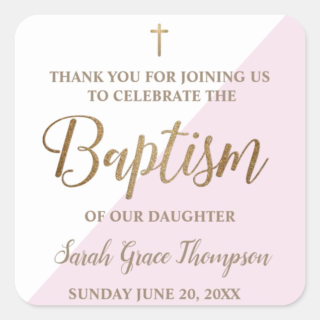 Personalised Modern Baby pink baptism thank you Square Sticker (Front)