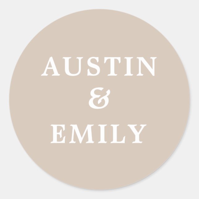 Personalised Modern Beige Wedding Classic Round St Classic Round Sticker (Front)