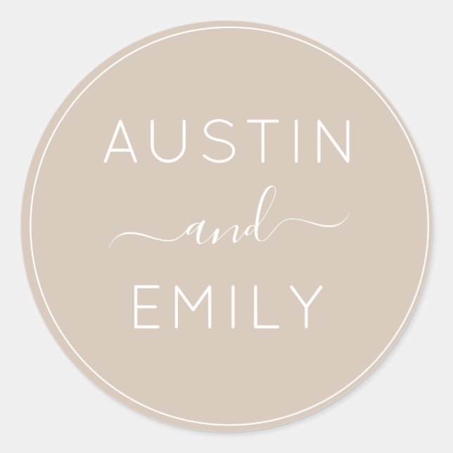Personalised Modern Beige Wedding Classic Round Sticker (Front)