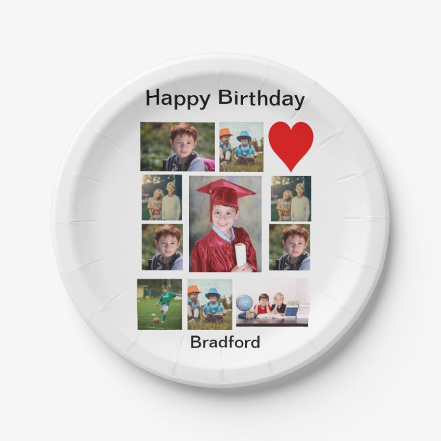 Personalised Modern Birthday 11 Photo Collage   Paper Plate (Front)