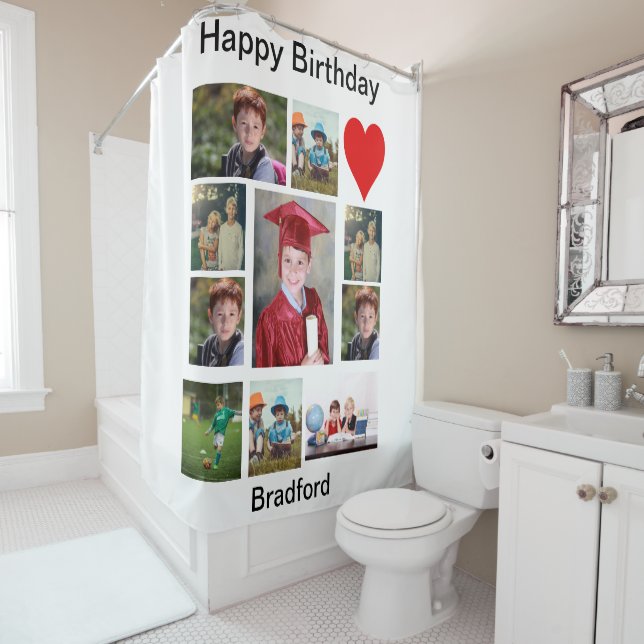 Personalised Modern Birthday 11 Photo Collage   Shower Curtain (In Situ)