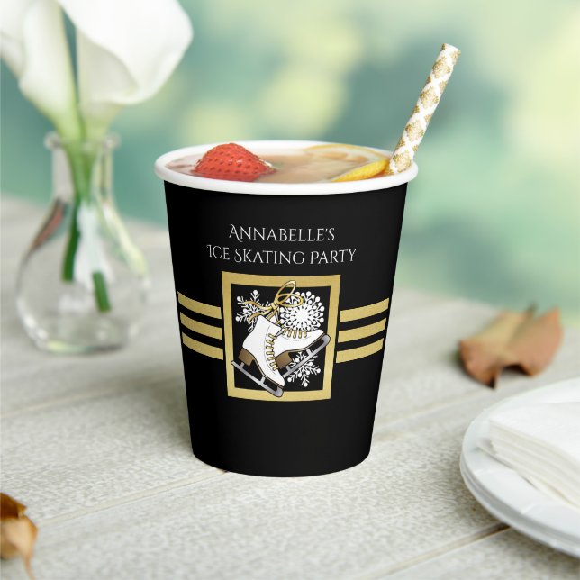 Personalised Modern Black and Gold Ice Skating Paper Cups (Insitu)