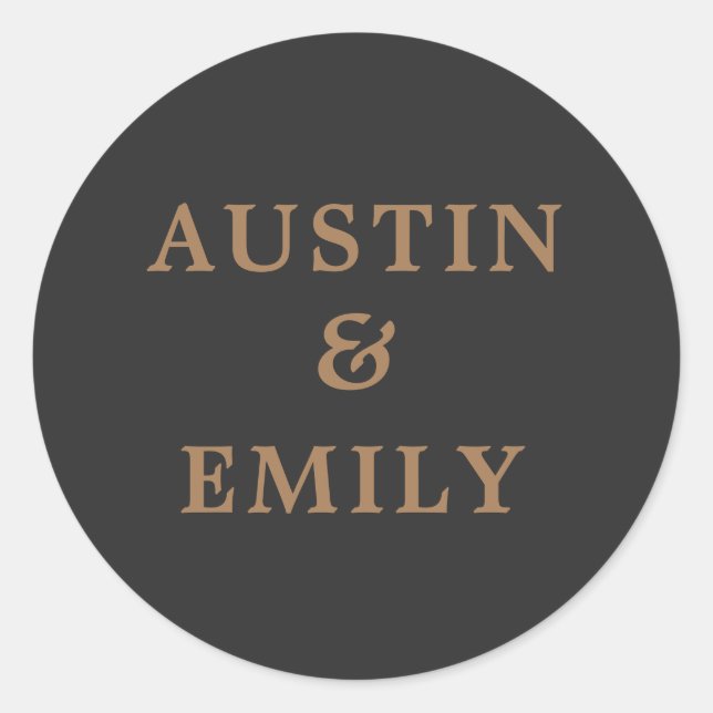 Personalised Modern Black and Gold Wedding Classic Round Sticker (Front)