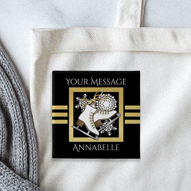 Personalised Modern Black Gold Glitter Ice Skating 15 Cm Square Badge (Creator Uploaded)