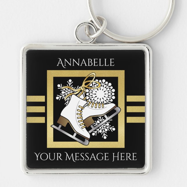 Personalised Modern Black Gold Glitter Ice Skating Key Ring (Front)