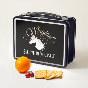 Personalised Modern Black Magical Unicorn Metal Lunch Box