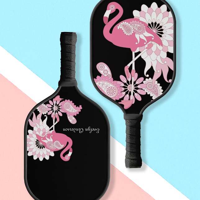 Personalised Modern Black Paisley Pink Flamingo Pickleball Paddle (Creator Uploaded)
