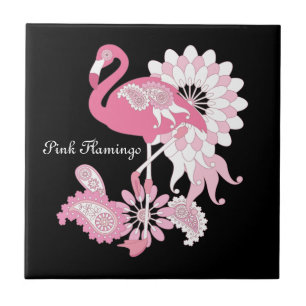 Personalised Modern Black Paisley Pink Flamingo Tile