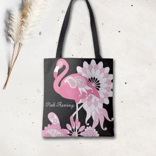 Personalised Modern Black Paisley Pink Flamingo Tote Bag