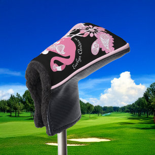 Personalised Modern Black Pink Flamingo Golf Head Cover