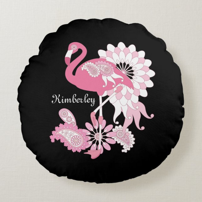 Personalised Modern Black Pink Flamingo Round Cushion (Front)