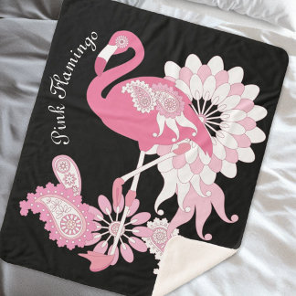Personalised Modern Black Pink Flamingo Sherpa Blanket