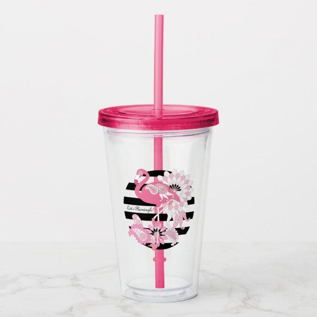Personalised Modern Black Stripe Pink Flamingo Acrylic Tumbler (Front)