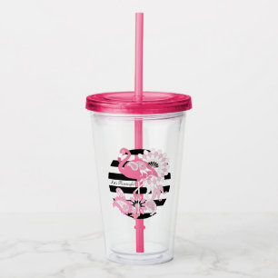 Personalised Modern Black Stripes Pink Flamingo Acrylic Tumbler