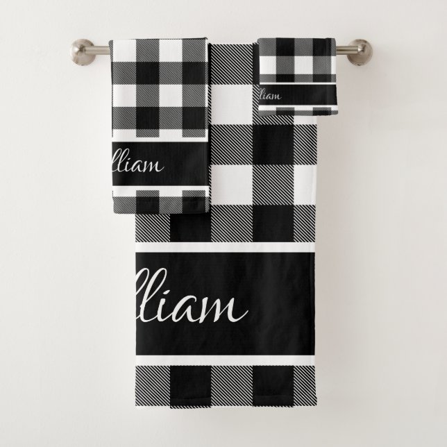 Personalised Modern Black White Buffalo Checks Bath Towel Set (Insitu)