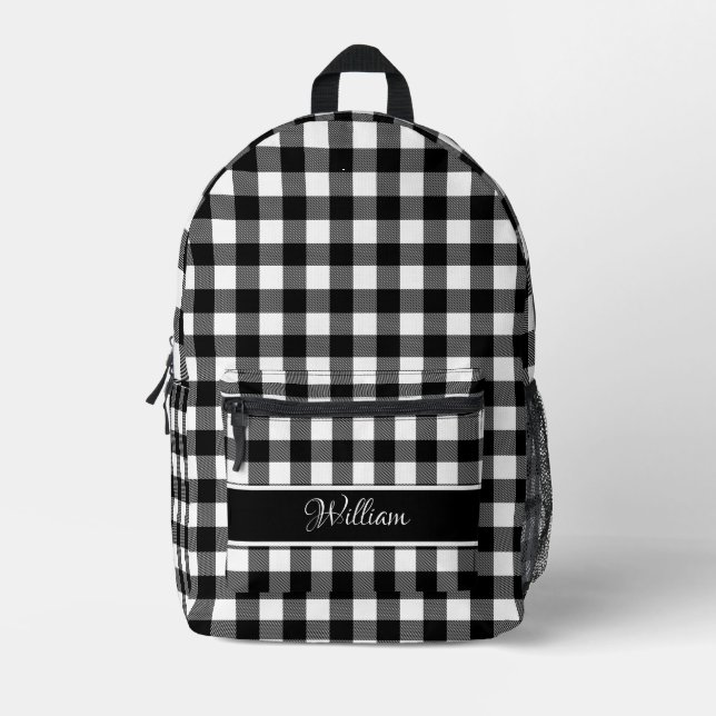 Personalised Modern Black White Buffalo Checks Printed Backpack (Front)
