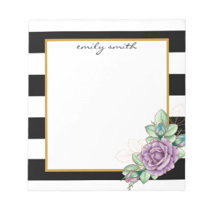 Personalised Modern Black & White Stripe Floral No Notepad