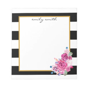 Personalised Modern Black & White Stripe Floral Notepad