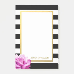 Personalised Modern Black White Stripes Pink Rose Post-it Notes