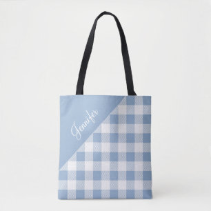 Personalised Modern Blue Check Gingham Tote Bag