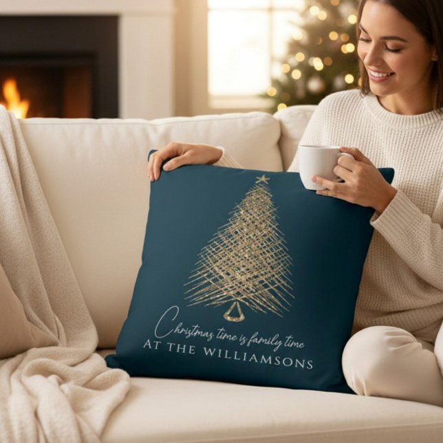 Personalised modern blue gold tree christmas  cushion (Creator Uploaded)