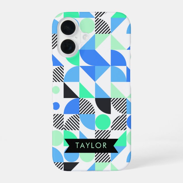 Personalised Modern Blue Mint Geometric iPhone 16 Case (Back)
