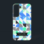 Personalised Modern Blue Mint Geometric Samsung Galaxy Case<br><div class="desc">This modern Samsung Galaxy case features a trendy geometric pattern in black,  blue and mint green on white. Personalise it with a name in matching green shade on a black ribbon.</div>