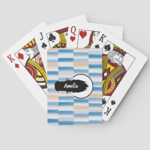 Personalised Modern Blue Peach Watercolor Striped Playing Cards