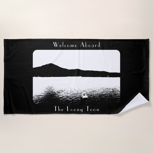 Personalised Modern Boat Decor Black White Pontoon Beach Towel (Front)